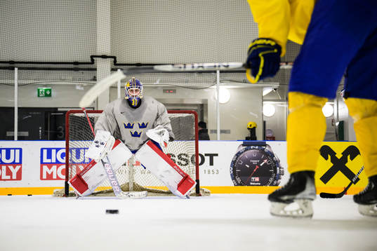 Goaltender Lars Johansson of Sweden at a practice session