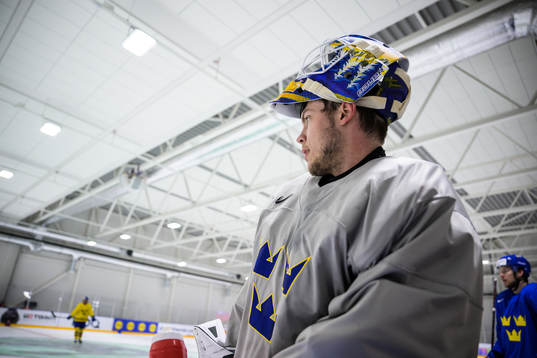 Goaltender Jesper Wallstedt of Sweden at a practice session