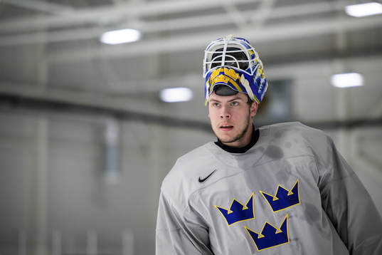Goaltender Jesper Wallstedt of Sweden at a practice session