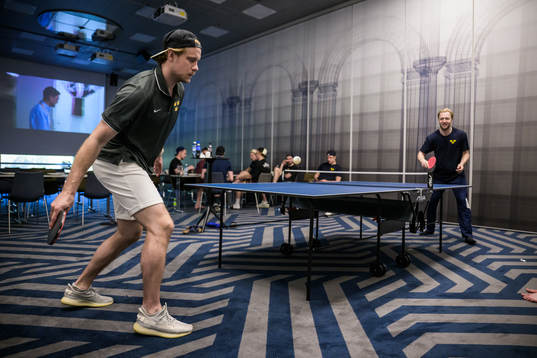 Jacob de la Rose and Alexander Nylander of Sweden play