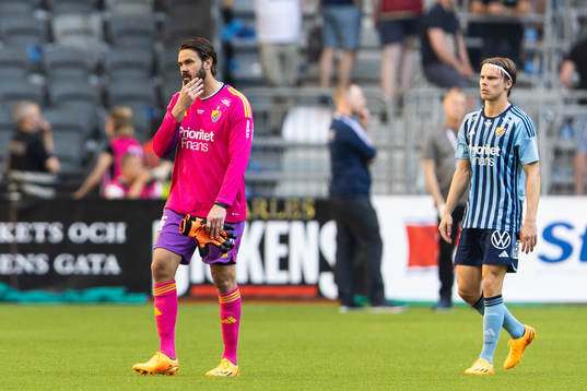 Djurgårdens målvakt Tommi Vaiho och Elias Andersson deppar