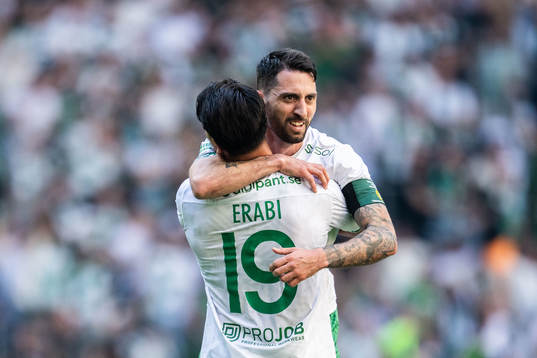 Hammarbys Nahir Besara och Jusef Erabi jublar