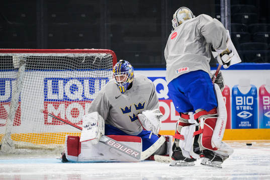 Goaltenders Lars Johansson and Jacob Johansson of Sweden at
