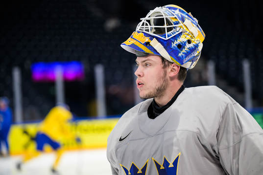 Goaltender Jesper Wallstedt of Sweden at a practice session