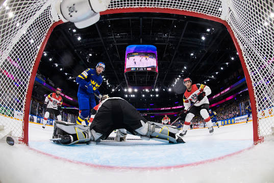 Pär Lindholm of Sweden sees the 3-0 goal from Patrik