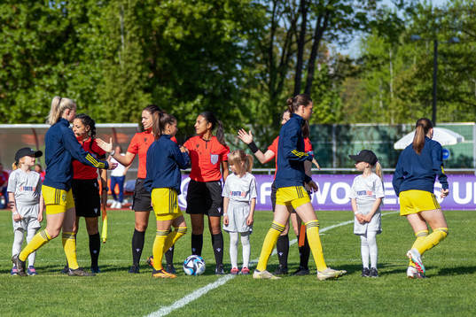 Players of Sweden greet the referees