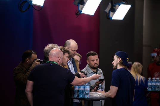 Jonathan Pudas of Sweden is being interviewed