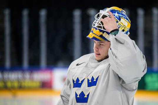 Goaltender Jesper Wallstedt of Sweden at a practice session