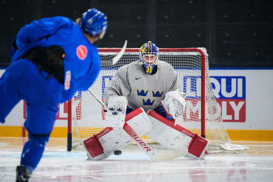 Goaltender Lars Johansson of Sweden at a practice session