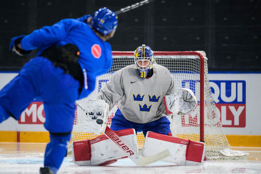 Goaltender Lars Johansson of Sweden at a practice session