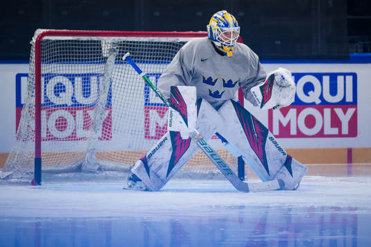 Goaltender Jesper Wallstedt of Sweden at a practice session