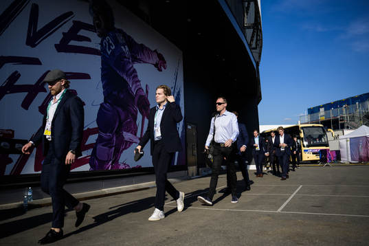 Anton Lindholm and Leo Carlsson of Sweden arrive to the