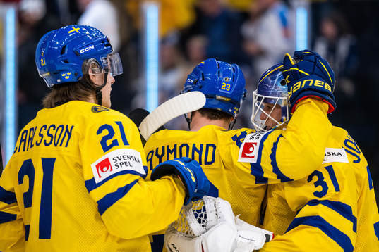 Leo Carlsson and Lucas Raymond celebrate with goaltender