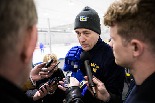 Head coach Sam Hallam of Sweden being interviewed at a