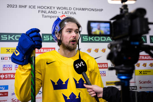 Linus Johansson of Sweden being interviewed at a practice