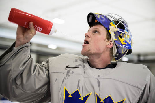Goaltender Lars Johansson of Sweden at a practice session