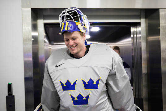 Goaltender Lars Johansson of Sweden at a practice session