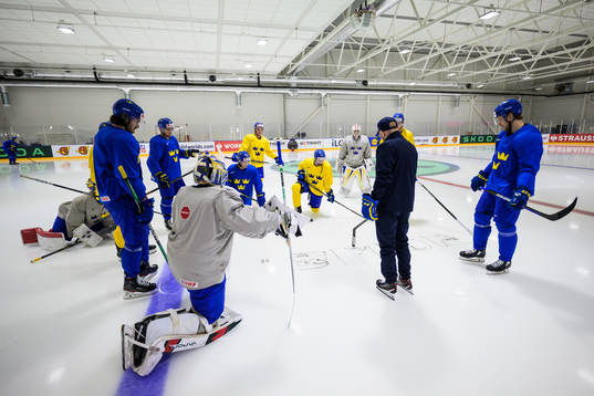 Players of Sweden listen to goaltender coach Stefan Ladhe