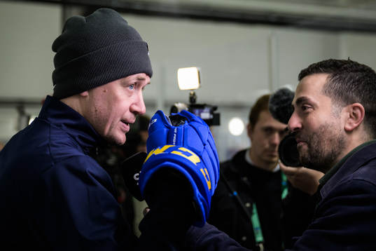 Head coach Sam Hallam of Sweden being interviewed at a