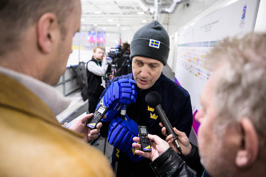 Head coach Sam Hallam of Sweden being interviewed at a