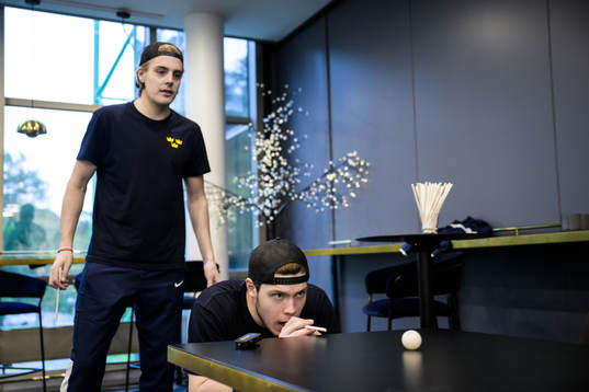 Leo Carlsson and goaltender Jesper Wallstedt of Sweden