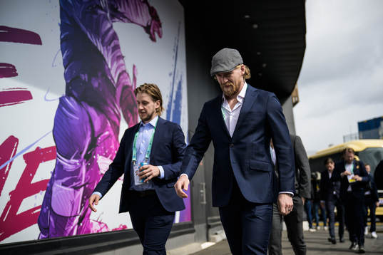 Jonathan Pudas and Anton Lindholm of Sweden arrive to the