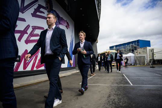 Pär Lindholm and Jonatan Berggren of Sweden arrive to the