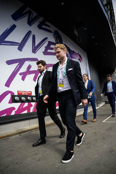 Lukas Bengtsson and Carl Grundström of Sweden arrive to
