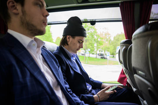 Goaltender Jesper Wallstedt and Leo Carlsson of Sweden in