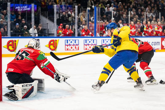 goaltender Dominik Horvath of Hungary and Lucas Raymond of