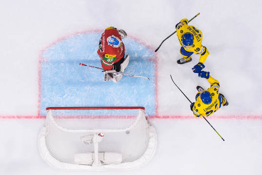 Goaltender Dominik Horvath of Hungary looks dejected while