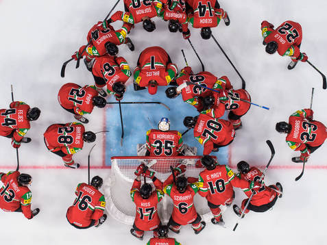 Players of Hungary gather around goaltender Dominik Horvath