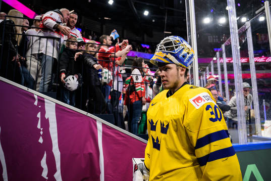 Goaltender Jesper Wallstedt of Sweden leaves the ice