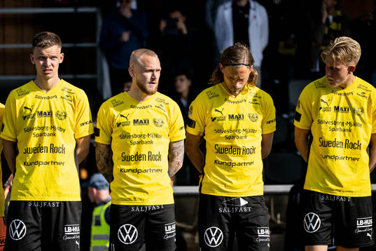 Mjällbys Arvid Brorsson, Adam Ståhl, Tom Pettersson och