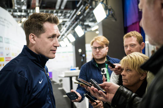 Head coach Sam Hallam of Sweden being interviewed