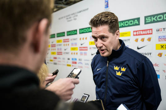 Head coach Sam Hallam of Sweden being interviewed