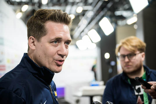 Head coach Sam Hallam of Sweden being interviewed