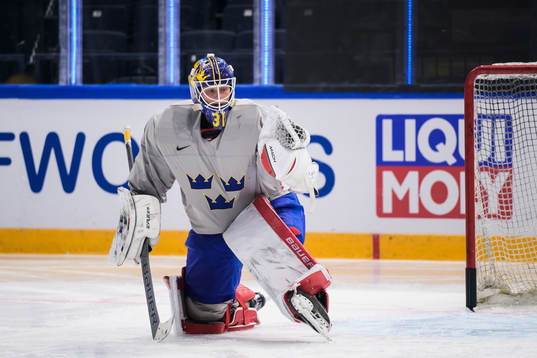 Goaltender Lars Johansson of Sweden at a practice session