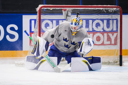 Goaltender Jesper Wallstedt of Sweden at a practice session