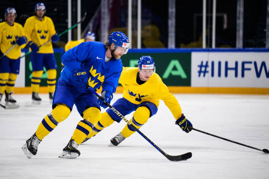 Anton Lindholm and Lucas Raymond of Sweden at a practice
