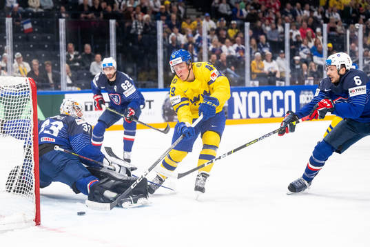 Goaltender Julian Junca and Vincent Llorca of France when