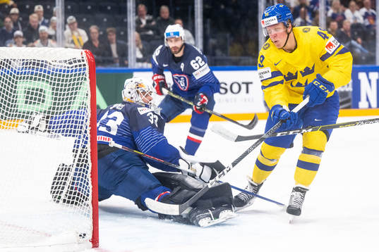 Goaltender Julian Junca of France when Fabian Zetterlund of