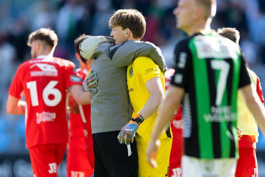 Jönköpings Södras målvakt David Celic omfamnas