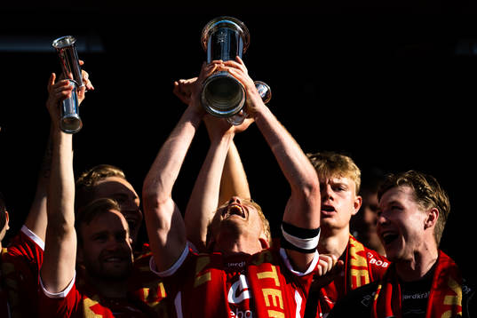 Sivert Heltne Nilsen of Brann celebrates with the trophy