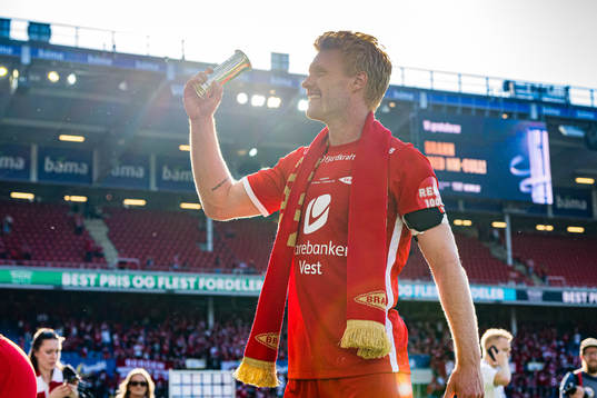 Sivert Heltne Nilsen of Brann celebrates with the trophy