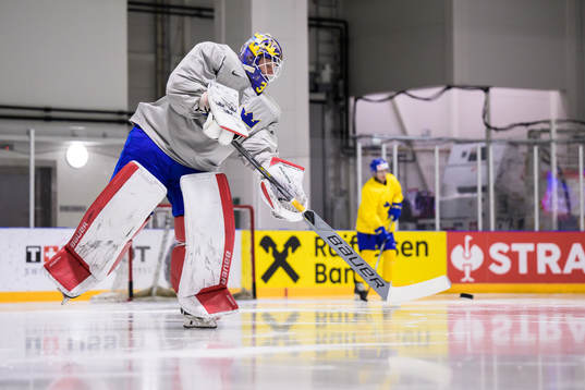 Goaltender Lars Johansson of Sweden at a practice session