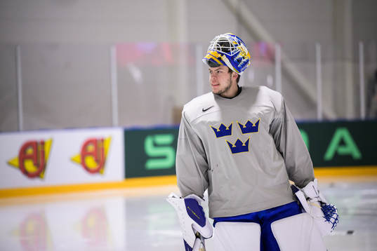 Goaltender Jesper Wallstedt of Sweden at a practice session