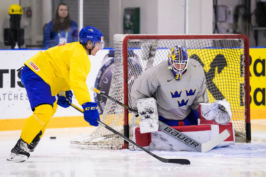 André Petersson and goaltender Lars Johansson of Sweden at