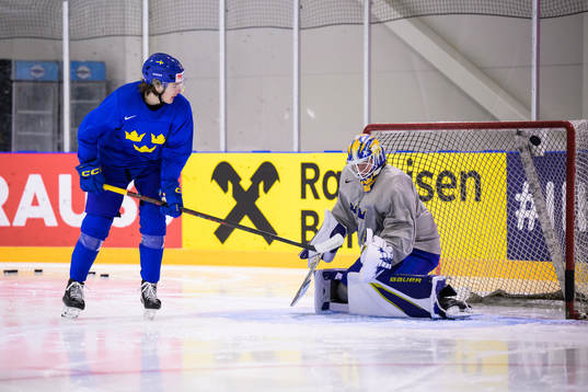 Leo Carlsson and goaltender Jesper Wallstedt of Sweden at a