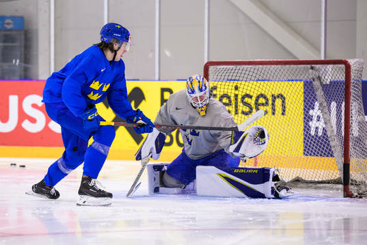 Leo Carlsson and goaltender Jesper Wallstedt of Sweden at a